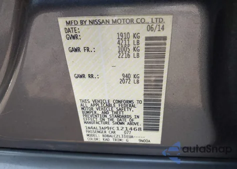 2015 Nissan Altima 2.5/2.5 S/2.5 Sl/2.5 Sv из США, поврежденный, VIN 1N4AL3AP9FC121468